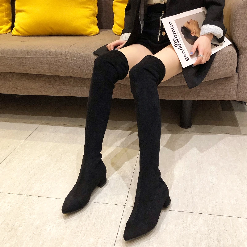 2024年新款过膝弹力长靴黑色加绒高筒靴平跟显瘦女靴瘦瘦靴弹力靴