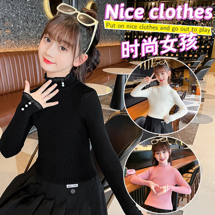 女童打底衫冬季薄款2023新款洋气儿童时髦半高领内搭秋冬黑色毛衣