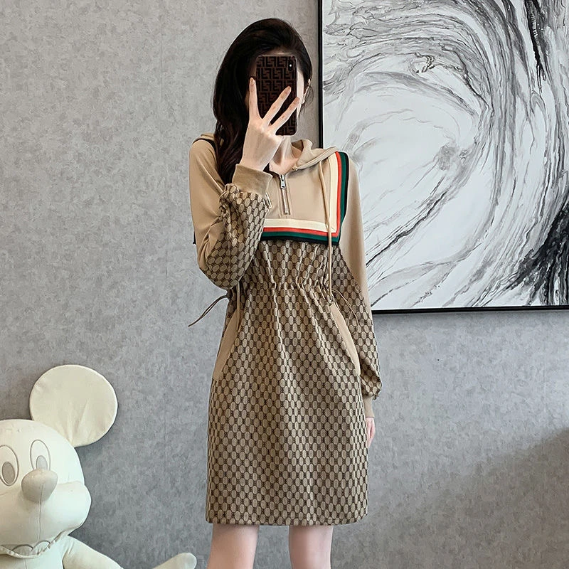 【粉丝专享】春秋季款拉链长袖连衣裙女连帽抽绳时尚修身显瘦626