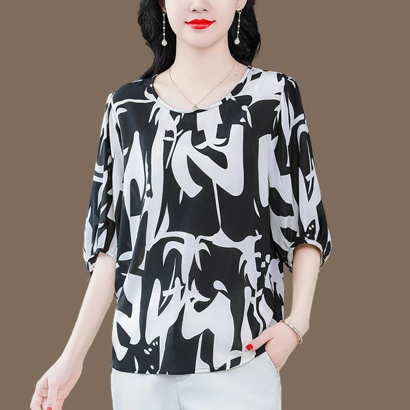 杭州桑蚕丝中袖t恤女夏妈妈上衣宽松遮肉显瘦时尚印花仿真丝小衫