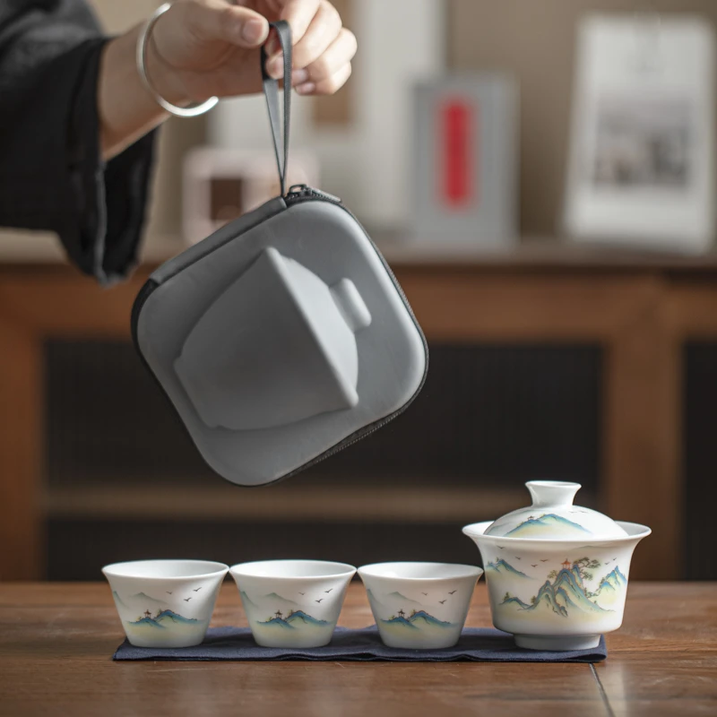 德化白瓷简约陶瓷旅行功夫茶具小套装便携式包盖碗快客杯户外礼品
