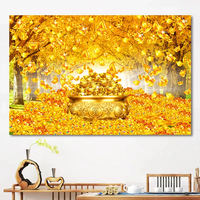 黄金满地发财树聚财风水金玉满堂黄金大道聚宝盆旺宅玄关客厅壁画