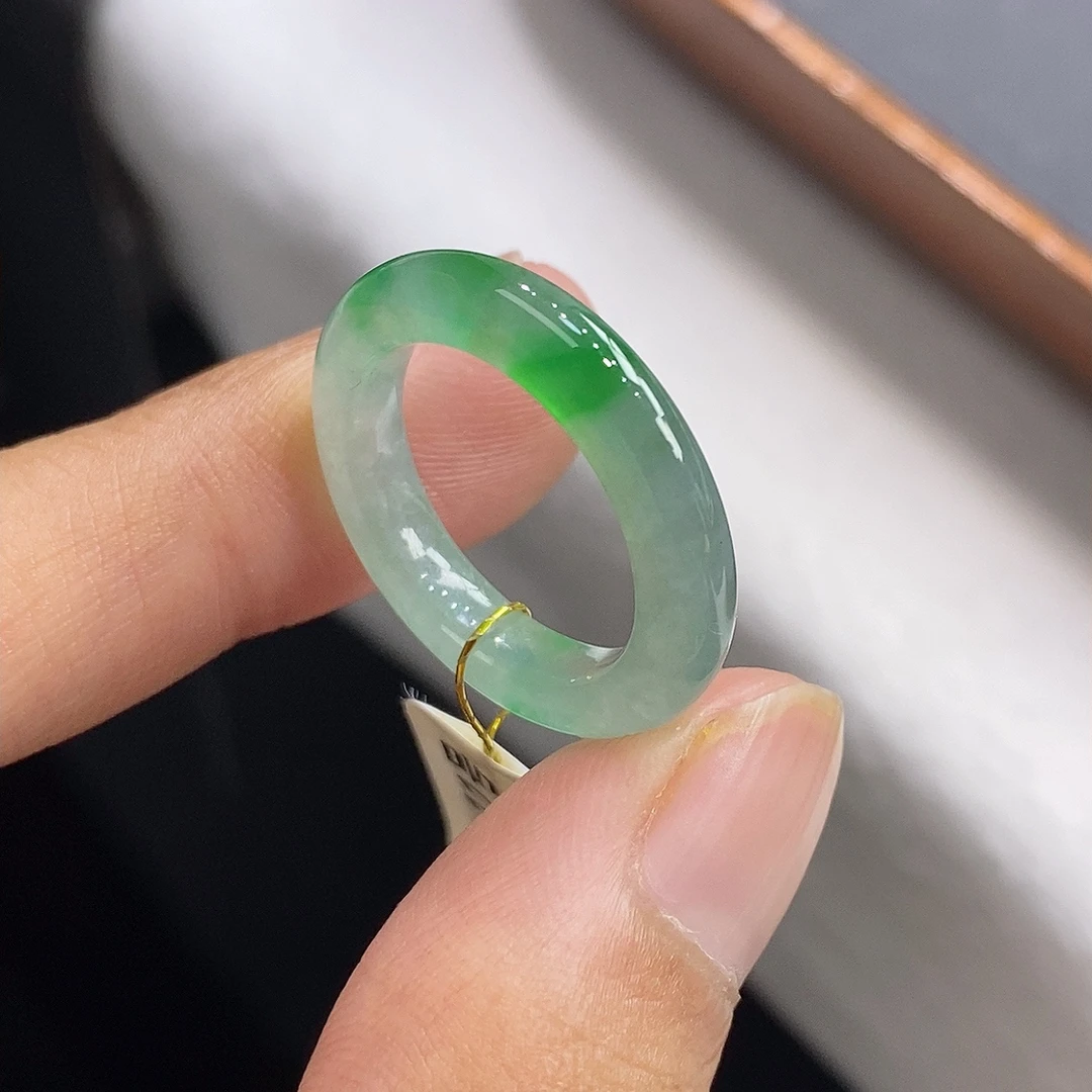 四会 天然缅甸A货 10.11号圈老坑冰阳绿翡翠戒指环15.8mm