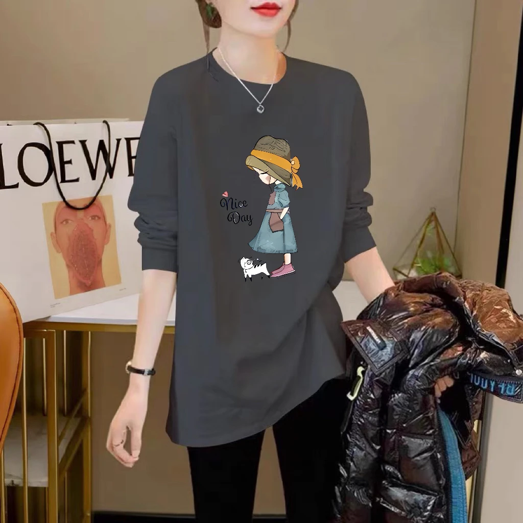 印花休闲百搭春秋中长款时尚纯棉圆领宽松大码打底衫长袖妈妈装潮