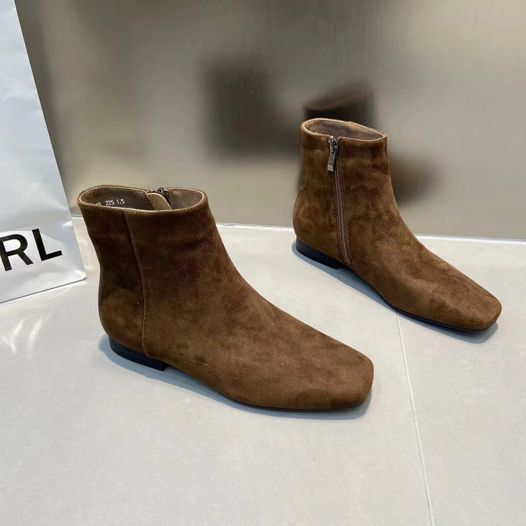 SK欧货秋冬新款进口羊绒法式复古粗跟短靴侧拉链简约瘦瘦靴马丁靴