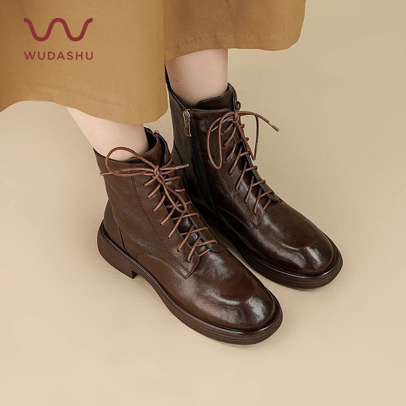 吴大叔秋季新款复古马丁靴真皮百搭系带圆头平底靴子时尚10-300