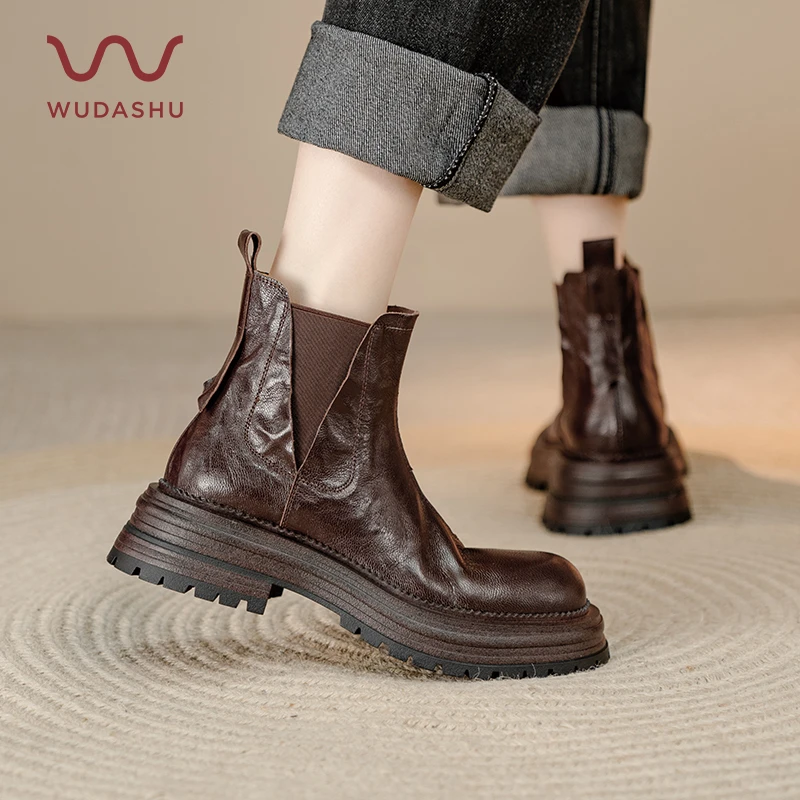 不被定义的她【达人专属】吴大叔新款厚底烟筒真皮复古手抓纹短靴