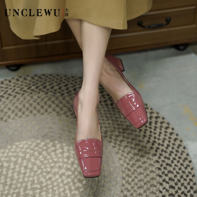 吴大叔春季新款方头单鞋中跟真皮百搭低跟浅口粗跟时尚女鞋36-073