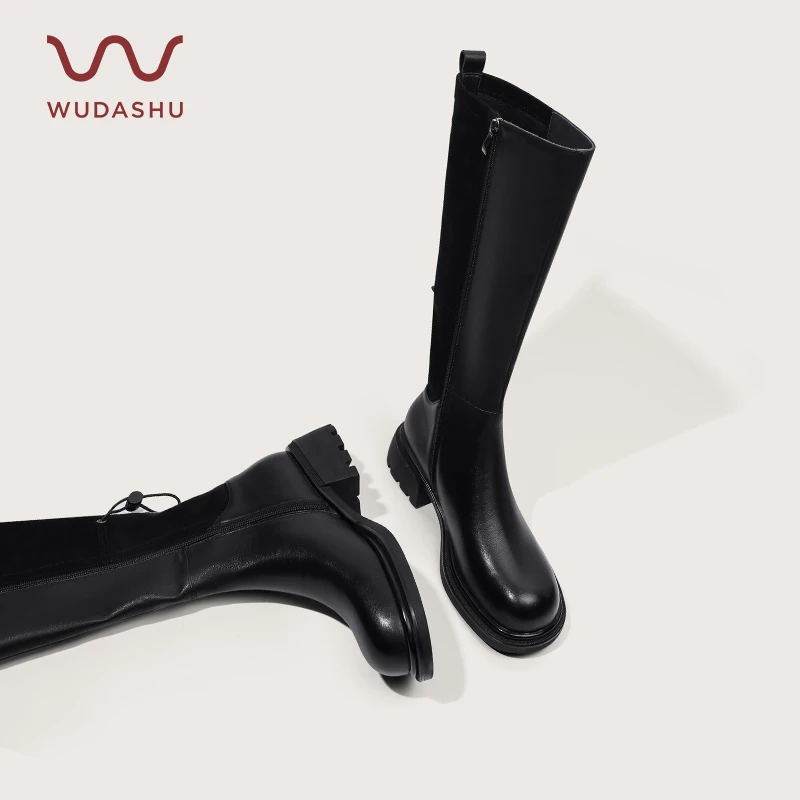 吴大叔新款牛皮骑士靴时尚百搭厚底真皮长筒冬季圆头显瘦骑士靴