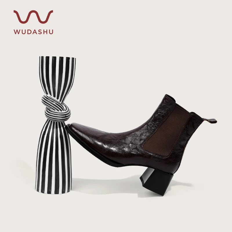 吴大叔新款雅丹粗跟短靴方头真皮切尔西靴百搭气质复古休闲靴子女