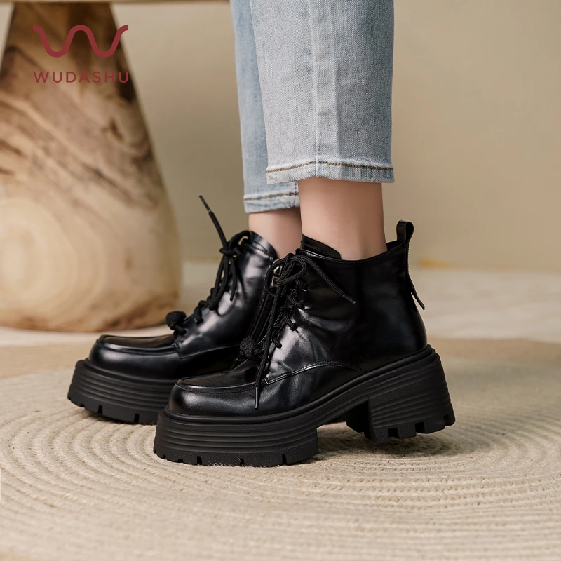 吴大叔【系带短靴】秋冬乐福靴中帮圆头女鞋真皮复古百搭厚底短靴