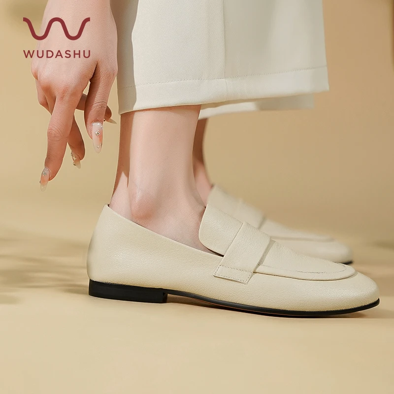 吴大叔护趾棉真皮平底乐福鞋女一脚蹬懒人小皮鞋百搭单鞋36-080