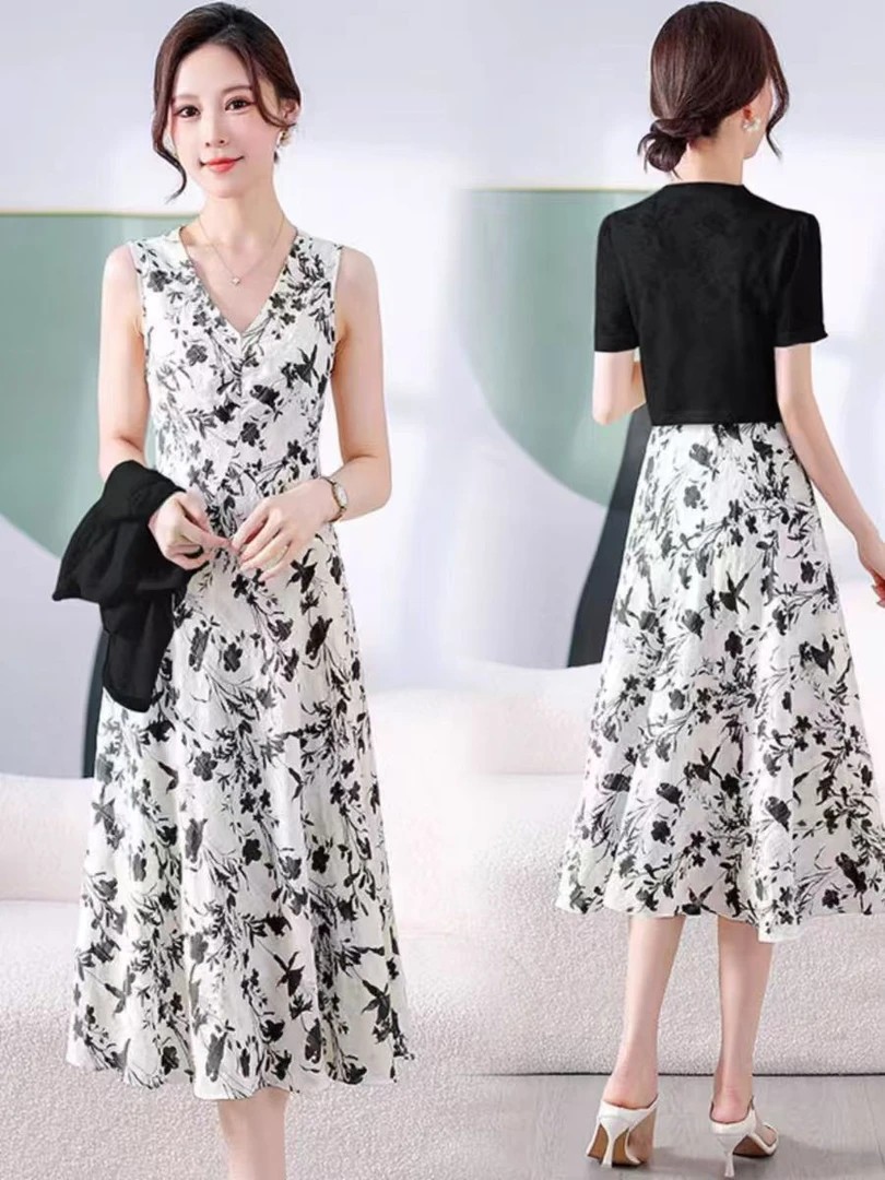 【XY1305】夏装新款时尚气质碎花背心裙两件套套裙