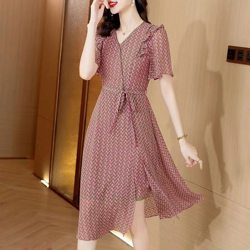 【XY1290】夏装新款时尚收腰显瘦字母印花中长款连衣裙