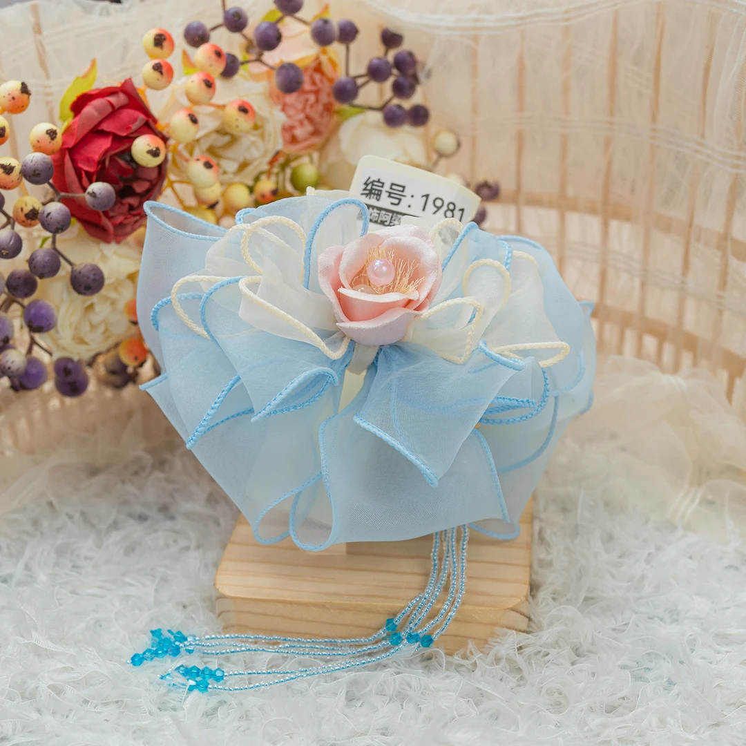 AL-1981 玫瑰网纱挂珠丸子抓头饰儿童小女孩发夹发饰手工仙气百搭