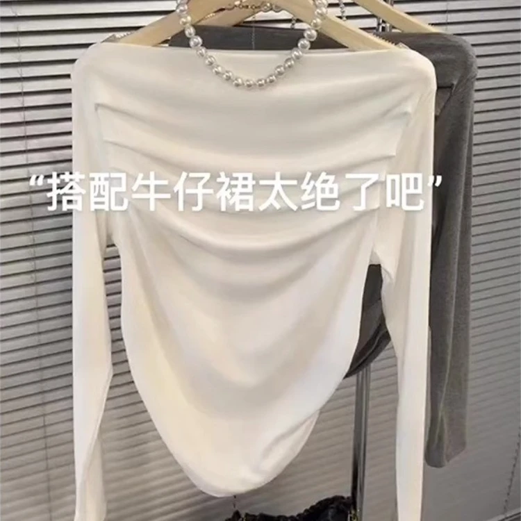 早秋短款长袖t恤一字肩褶皱显瘦百搭修身设计感洋气时尚外穿上衣