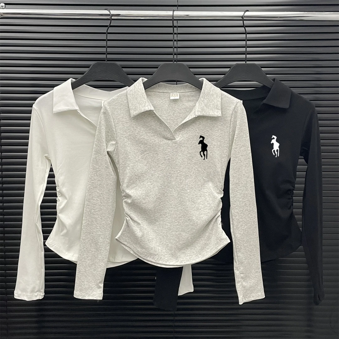 早秋季新款小飞马印花短款长袖洋气气质修身收腰遮肉外穿上衣女