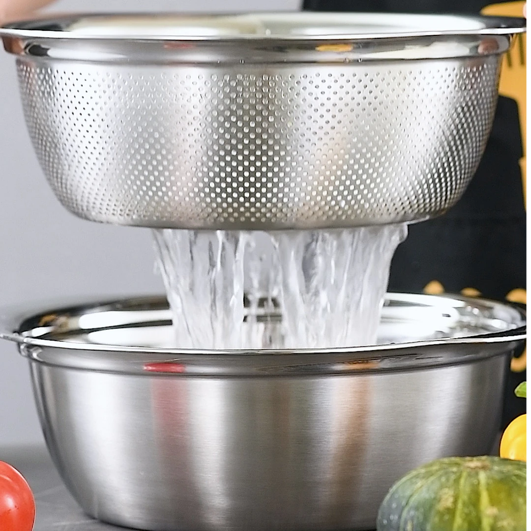 贝伦斯 304镜面双耳沥水套盆2件套淘米家用神器