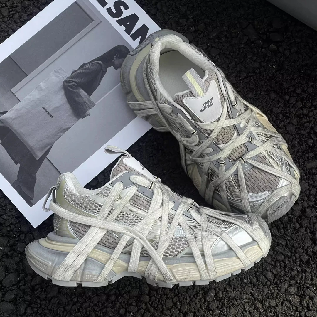 蜘蛛侠老爹鞋女2024新款欧货做旧脏脏绑带厚底运动鞋