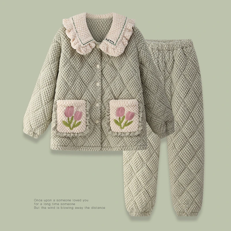 冬季睡衣女2023新款保暖珊瑚绒法兰绒加绒加厚三层夹棉家居服套装