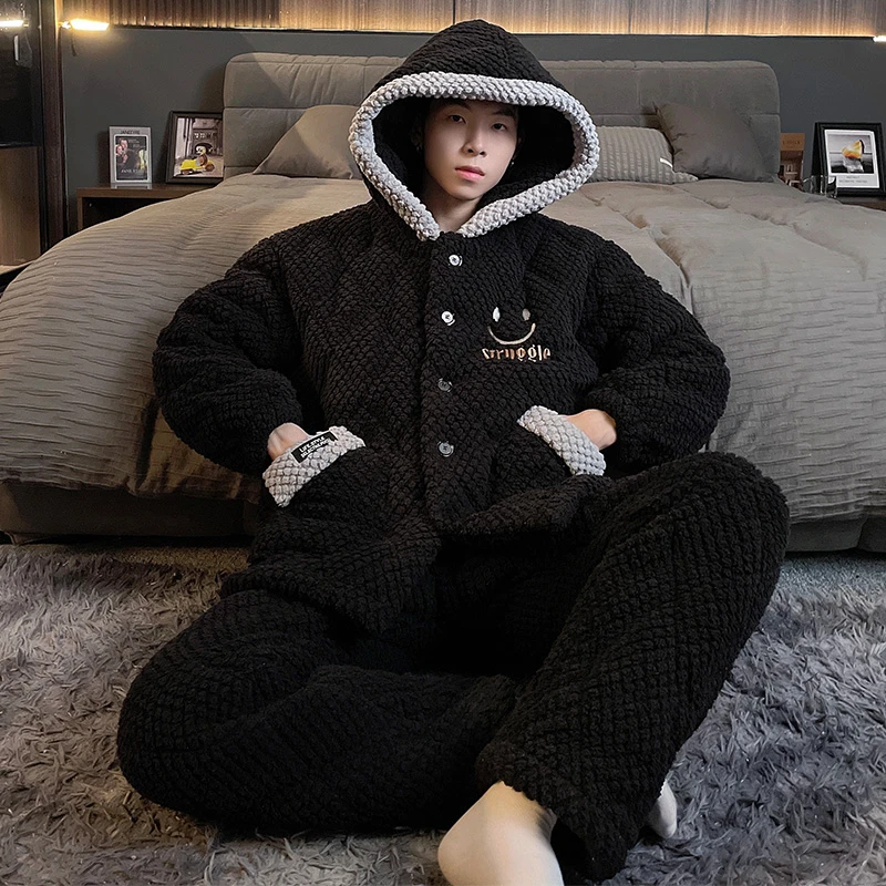 2023新款保暖男士睡衣冬加厚加绒珊瑚绒三层夹棉家居服法兰绒套装