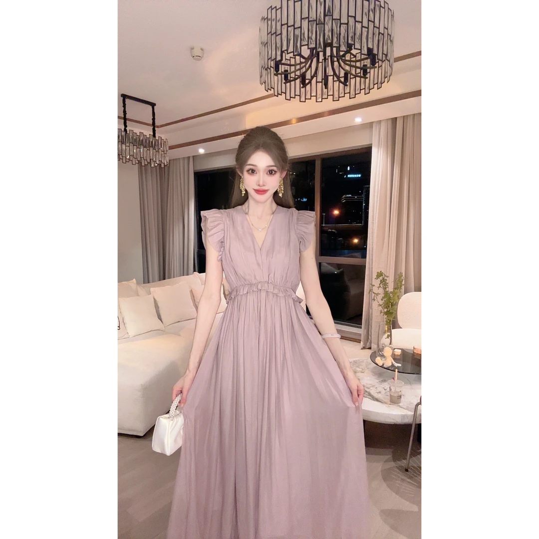 【小狐狸plusA】2024夏季长款连衣裙V领仙女风裙短袖百搭LB24066