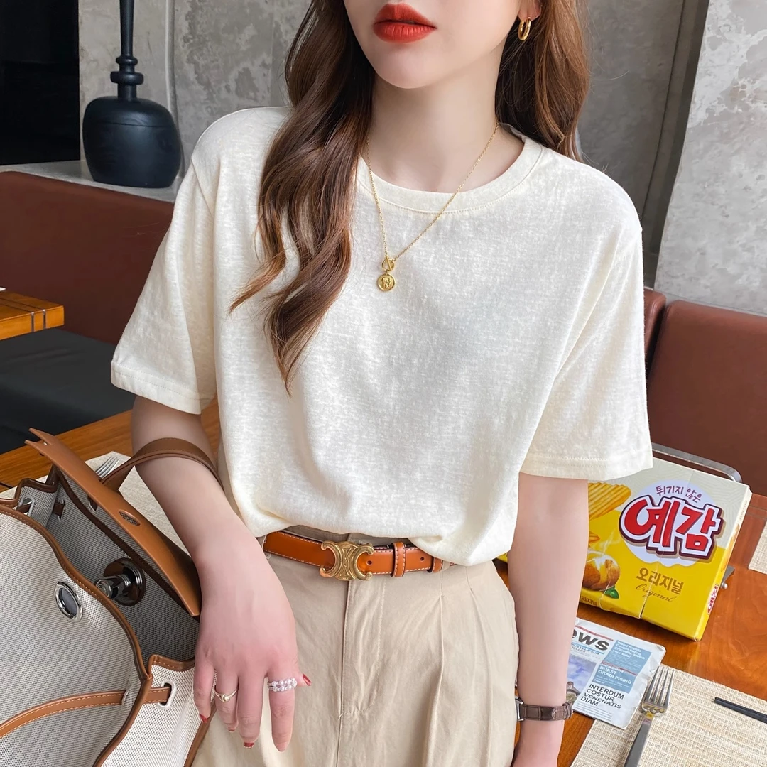 冰丝t恤女夏季短袖2025年新款宽松纯色半袖体恤棉麻薄款上衣