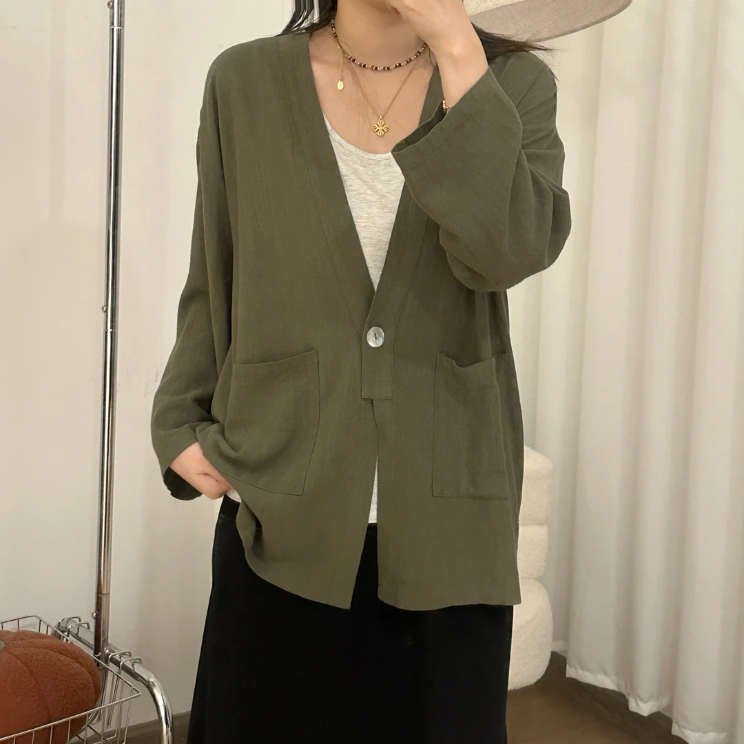 【NANA】夏季上衣女外套纯色亚麻薄款时尚复古V领一粒扣显瘦A0665