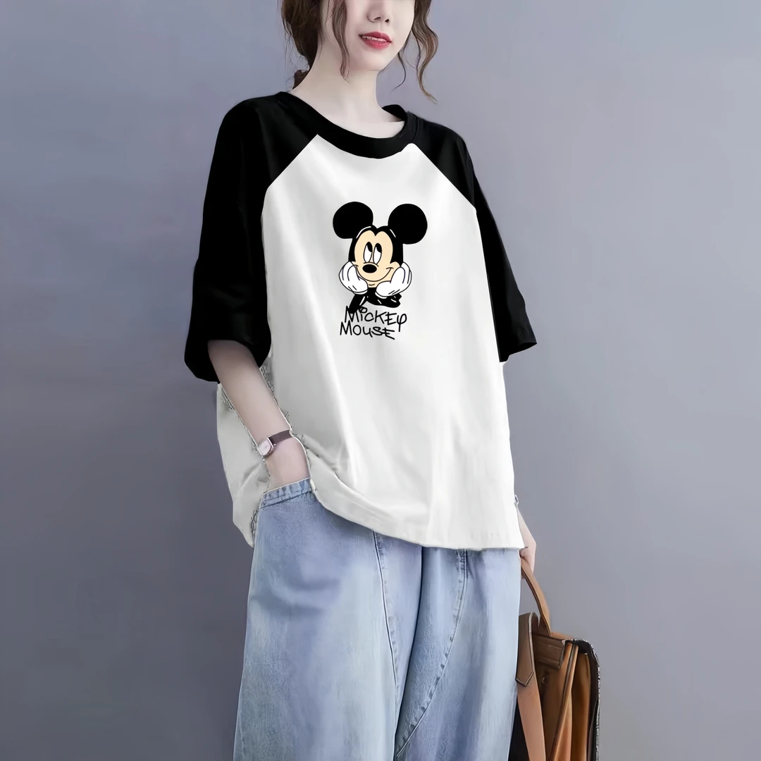 别致拼色大码宽松纯棉插肩短袖少女T恤胖mm常规款黑白撞色体恤潮