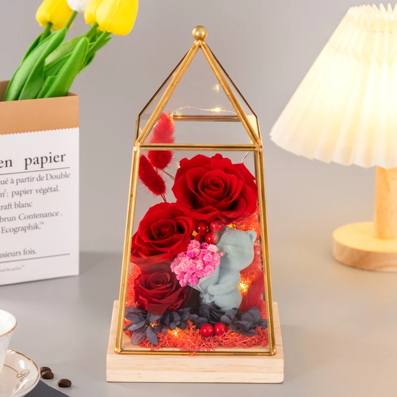 永生花真花礼盒情人节送女朋友闺蜜生日礼物玫瑰花手工成品告白熊