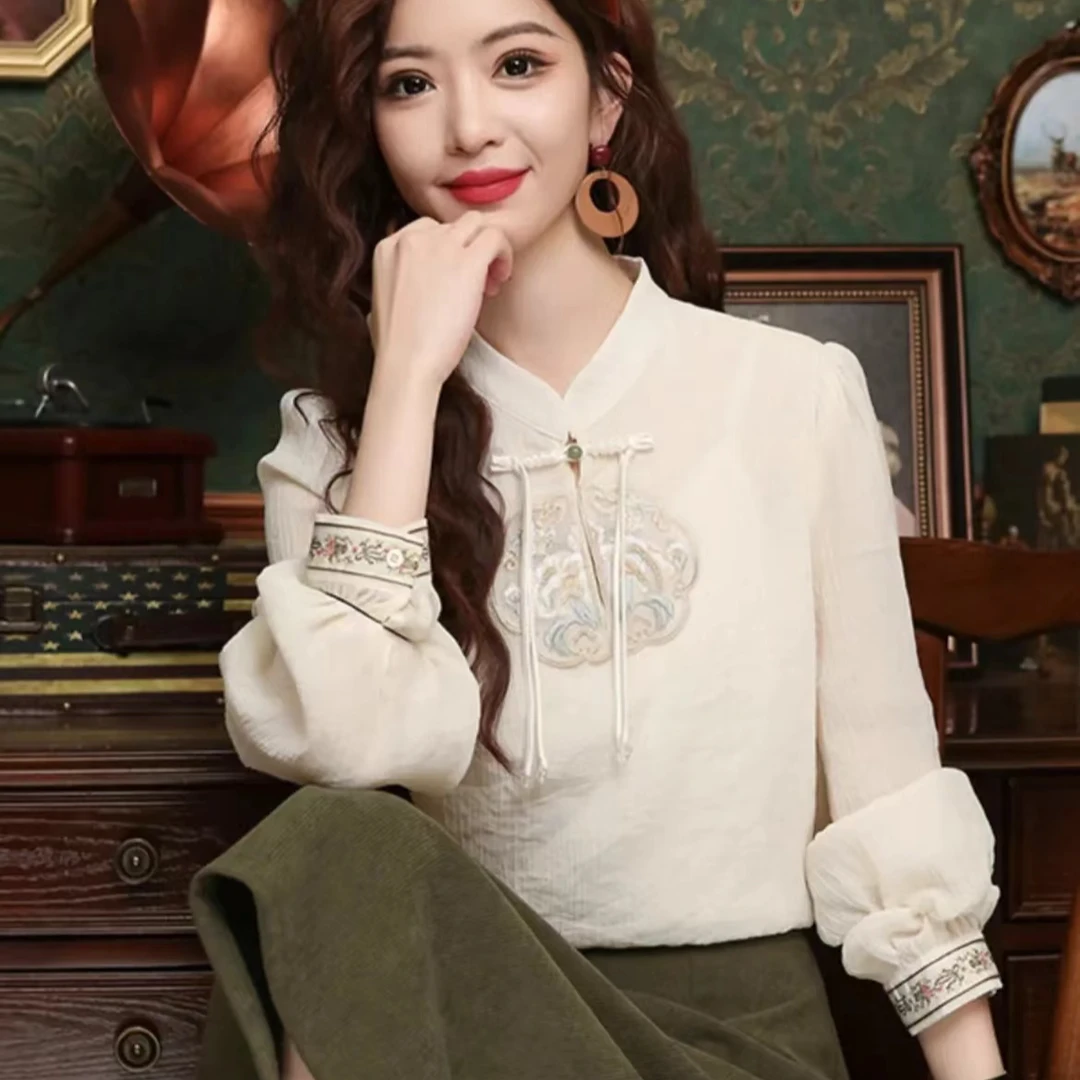 轻国风衬衫刺绣长袖上衣新中式宽松禅意立领民国风绣花