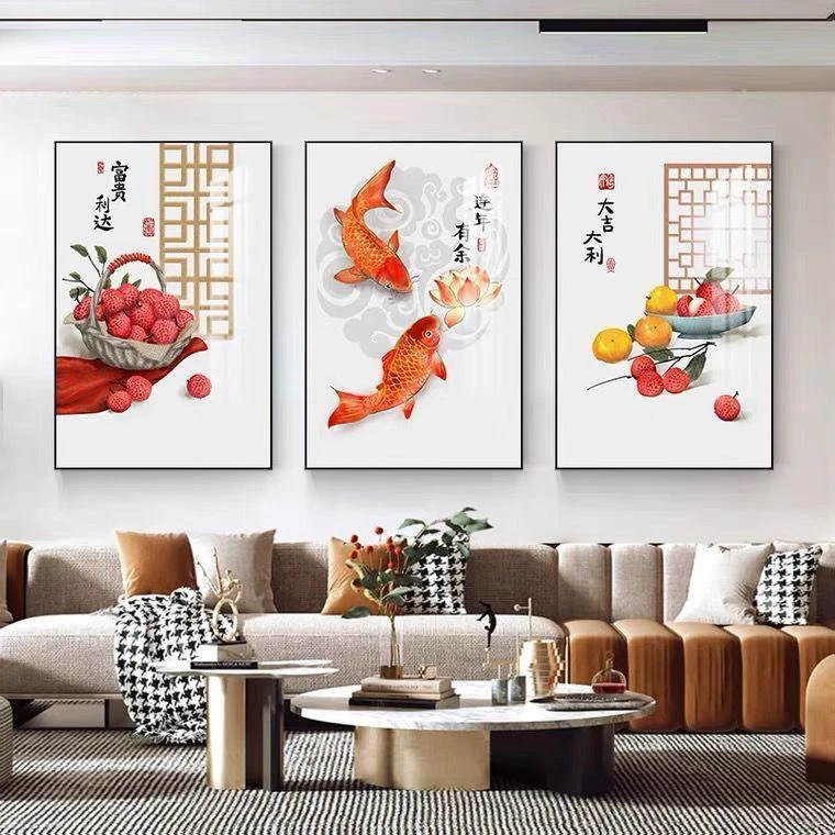 ZS09新中式40*60*3三联禅意装饰画沙发背景墙壁画大吉大利挂画