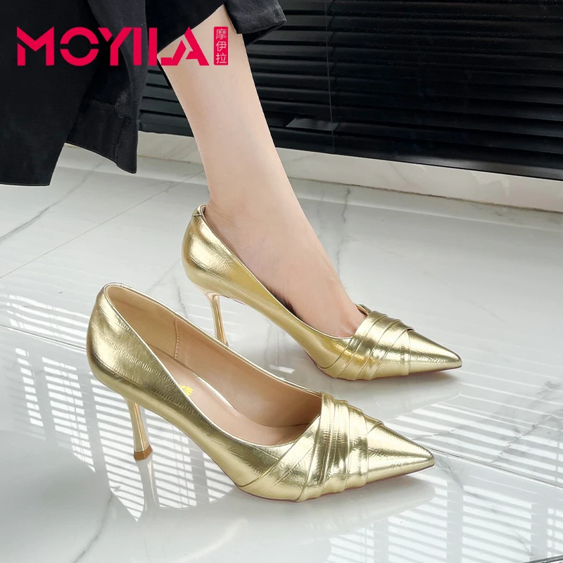 褶皱高跟鞋女2025爆款洋气高级感不累脚轻奢女士金色百搭宴会鞋子