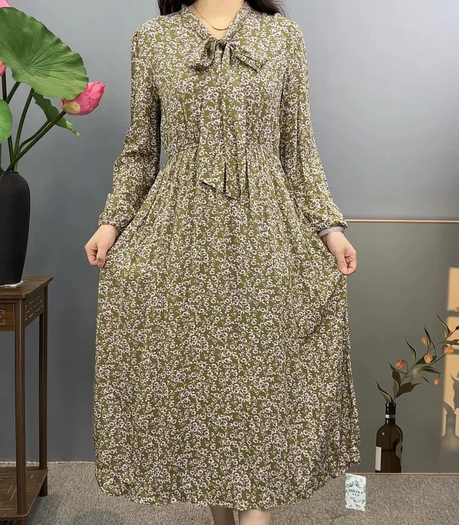 长袖棉绸连衣裙2024新款夏季高档中长款过膝显瘦女装连衣裙