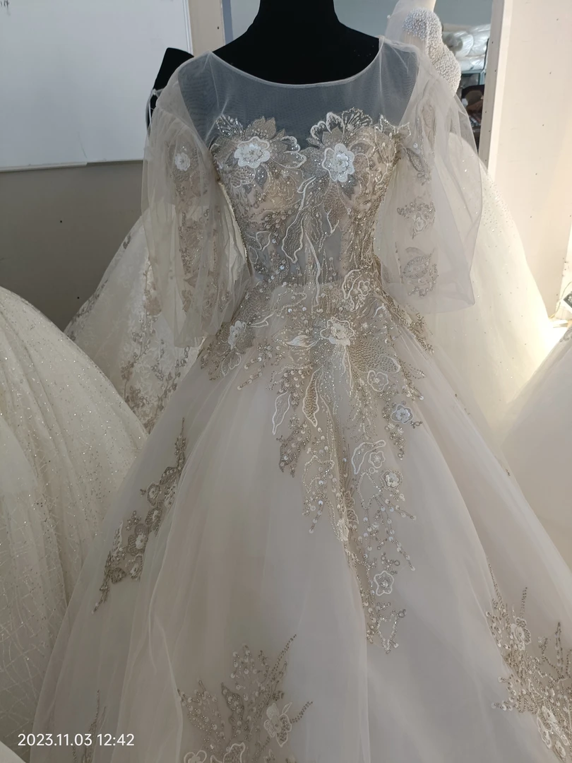 2023款A字版的非常仙气婚纱，带拖尾，子中袖双网设计