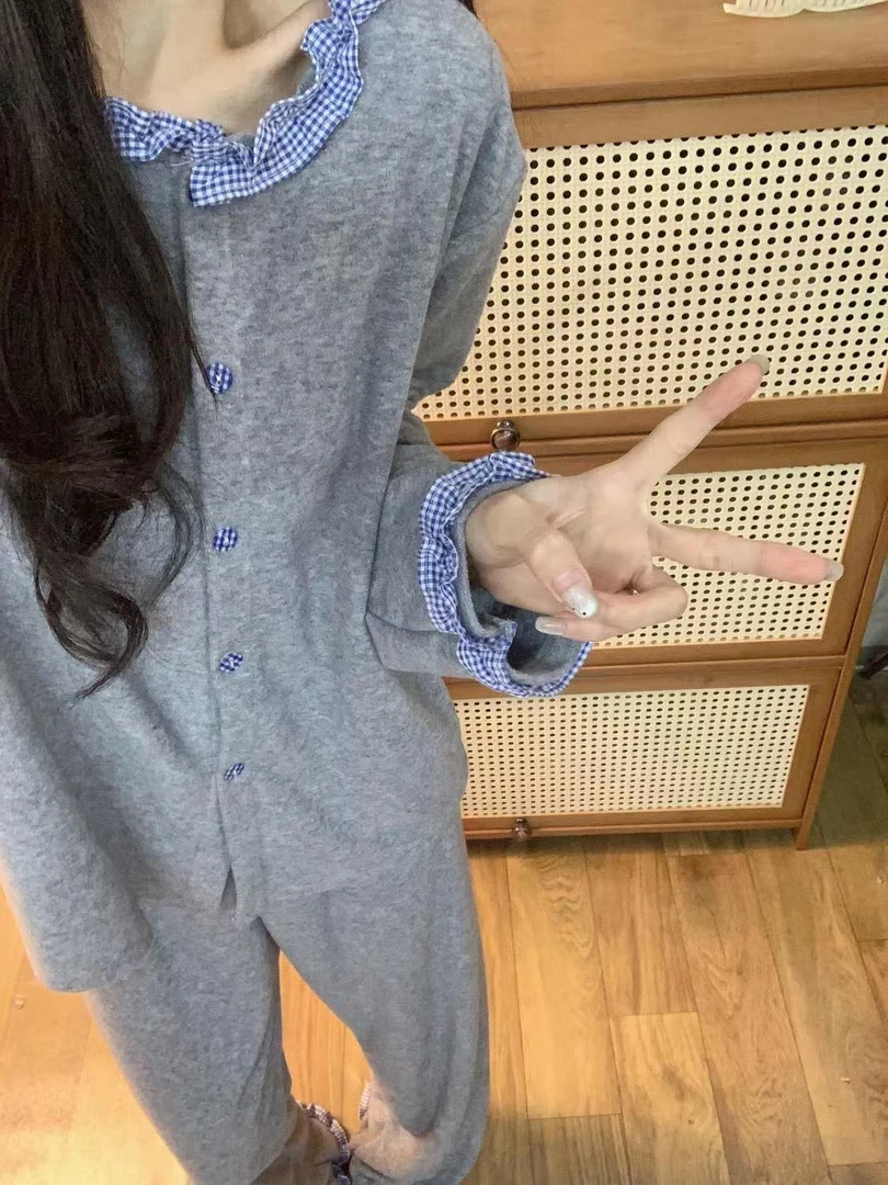 2024秋冬季加厚睡衣女韩版甜美荷叶边德绒长袖长裤家居服套装学生