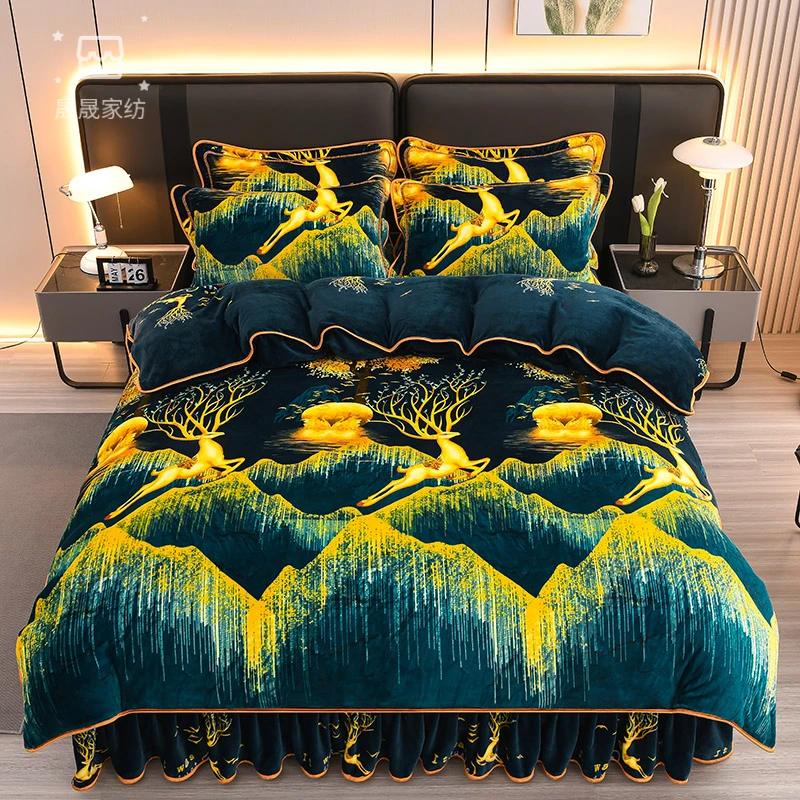 中国风新款加绒加厚保暖牛奶绒四件套双面绒床单床裙款毛绒三件套