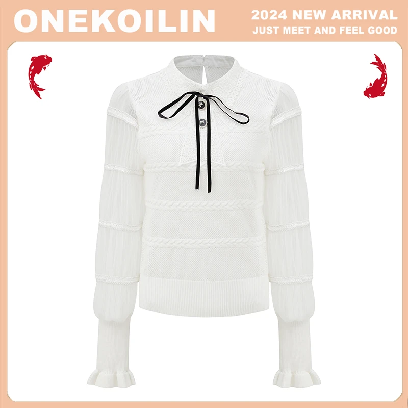 &OneKoilin“ 流光白茶”丝光羊 毛双蕾丝提花衬衣 LGBC