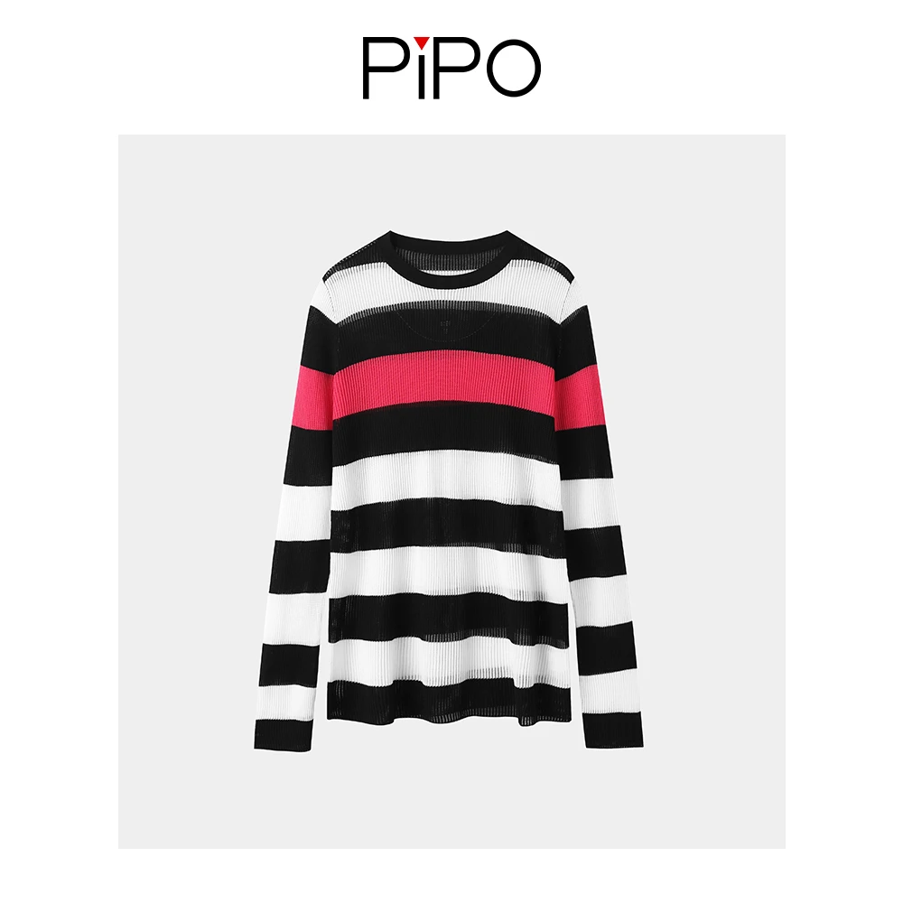 【PIPO】黑白常规拼色条纹圆领长袖时尚休闲针织衫DD32Z661