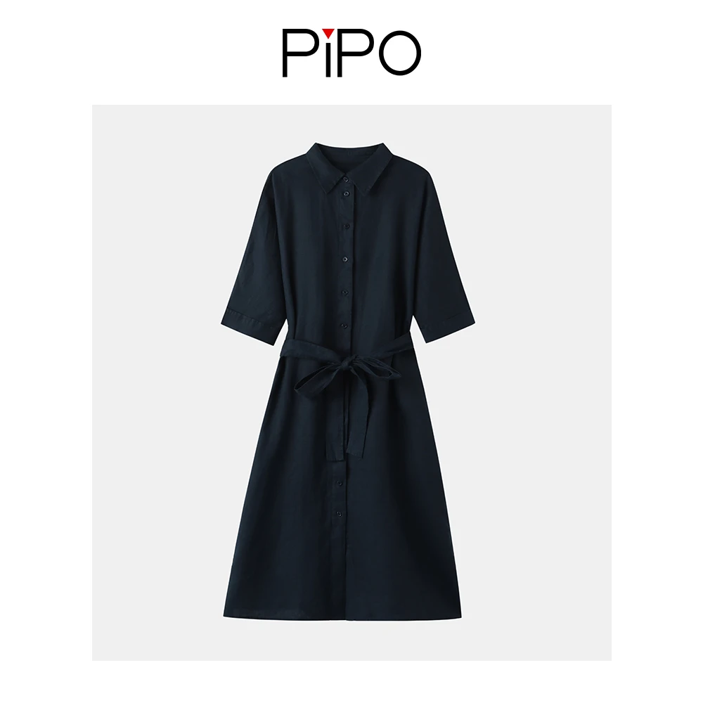 【PIPO】(亚麻)夏季连衣裙女2023系带收腰显瘦时尚气质裙子DD32L524