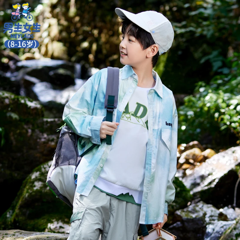 14039男童春秋宽松潮流扎染渐变中大童长袖休闲衬衣NJXCJ14039B