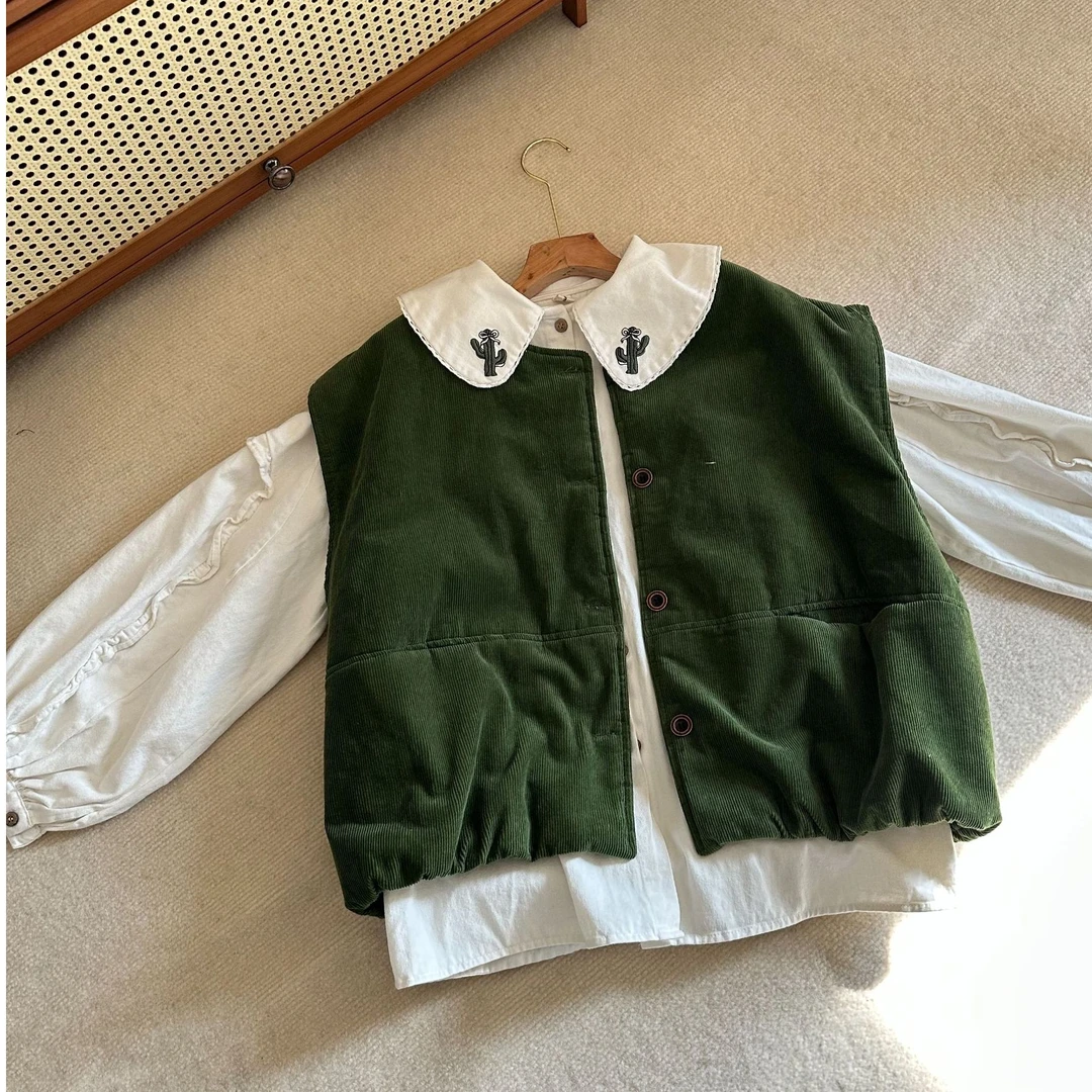 Tianmi森系甜美灯芯绒马甲纯棉重工刺绣衬衣两件套百搭洋气