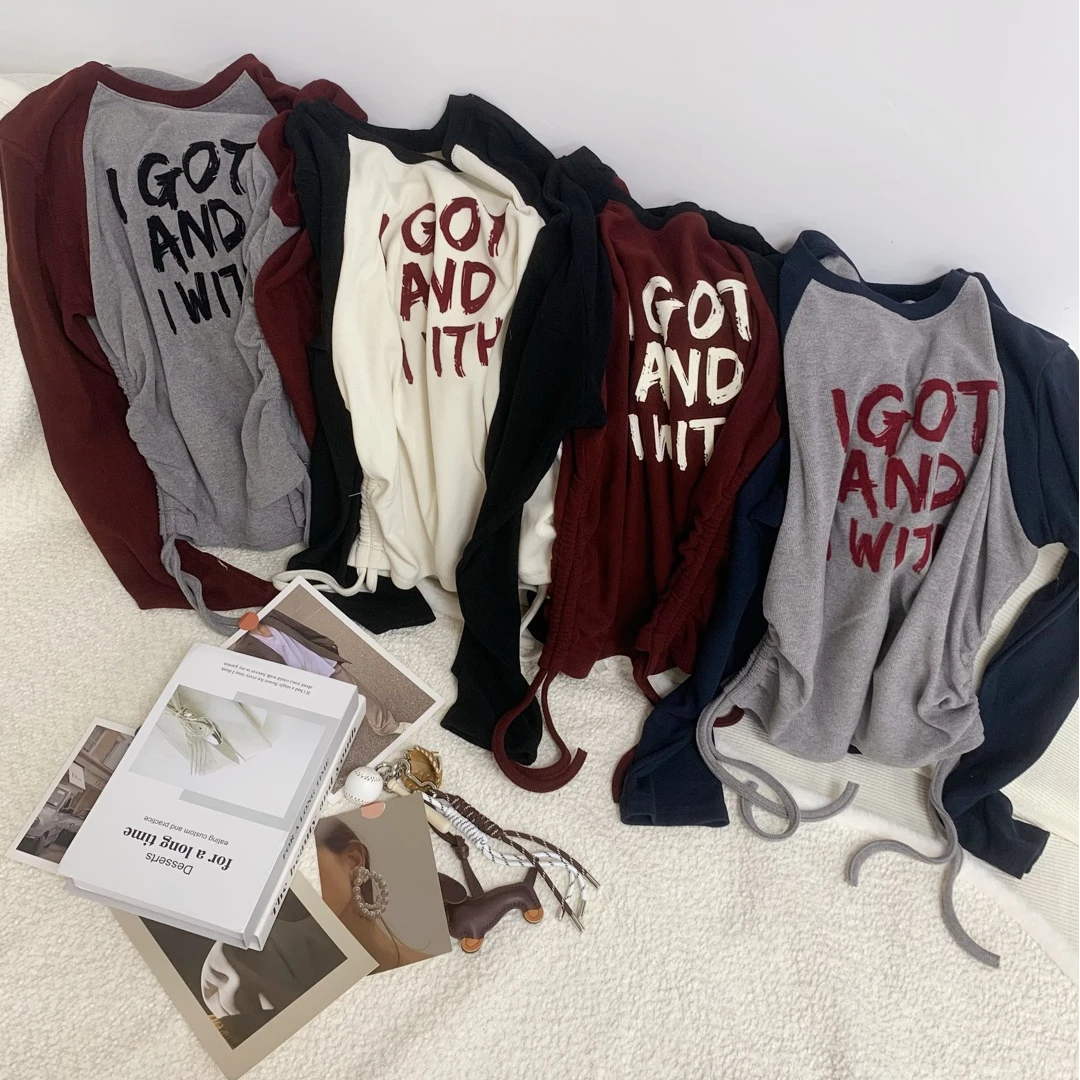 秋冬百搭简约植绒字母撞色两侧抽绳圆领打底衫收腰显瘦