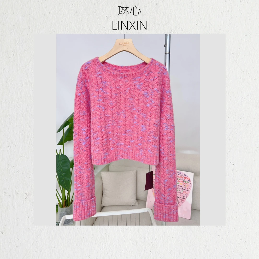 琳心秋冬时尚百搭气质时尚粉色挑染套头针织衫0833