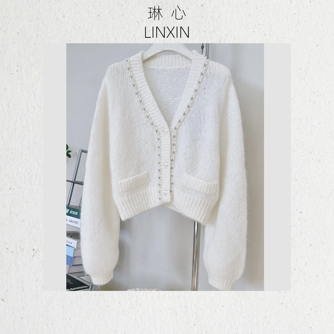 丨早秋气质休闲百搭重工钉珠长袖针织开衫 7932