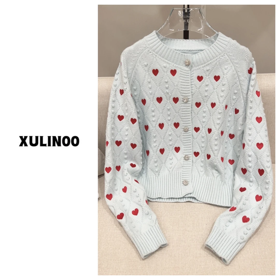 【老徐推荐】春秋休闲通勤红色爱心满印针织开衫 H0816-YAN1608