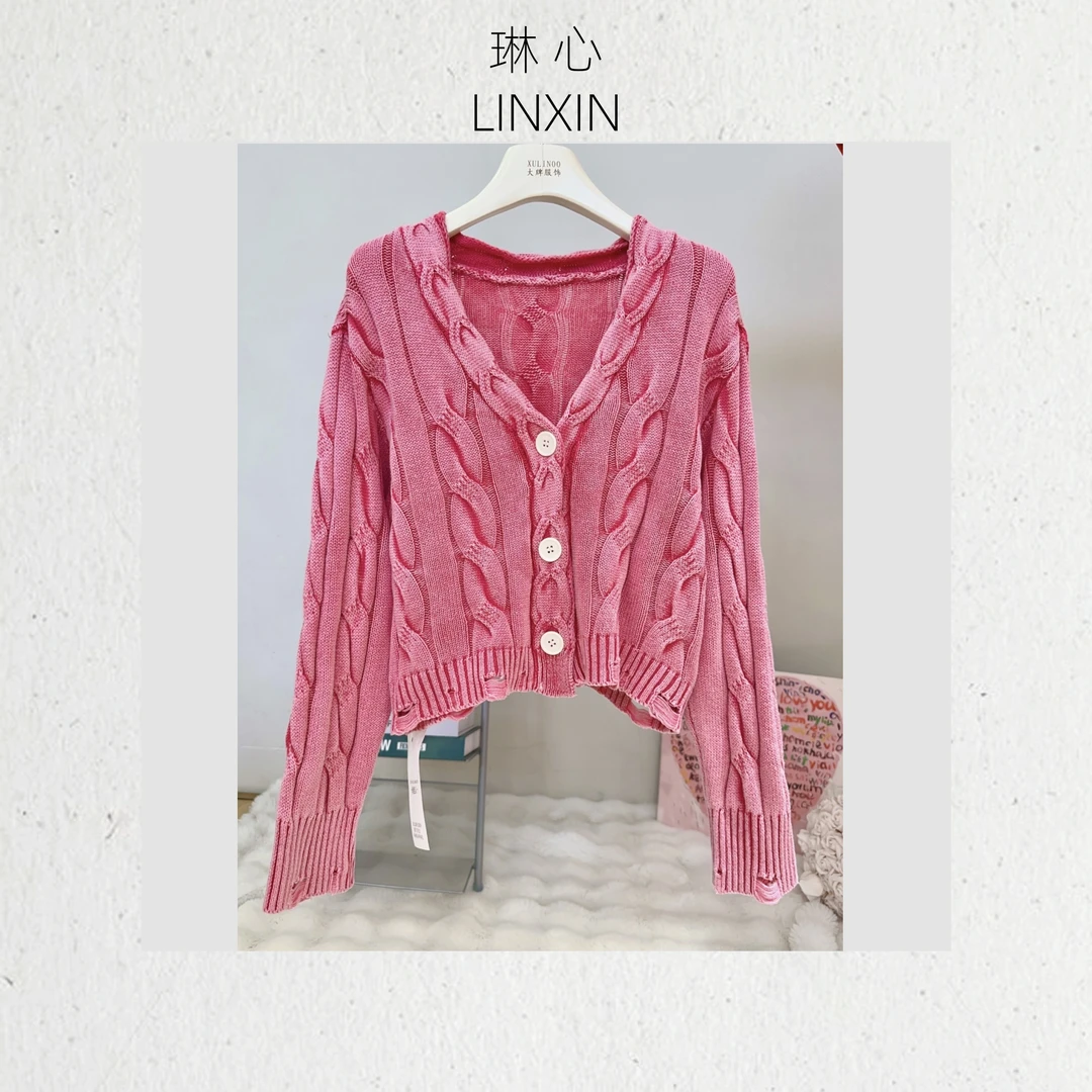 琳心丨秋季莓红小众设计感做旧绞花长袖针织开衫 QJR1907