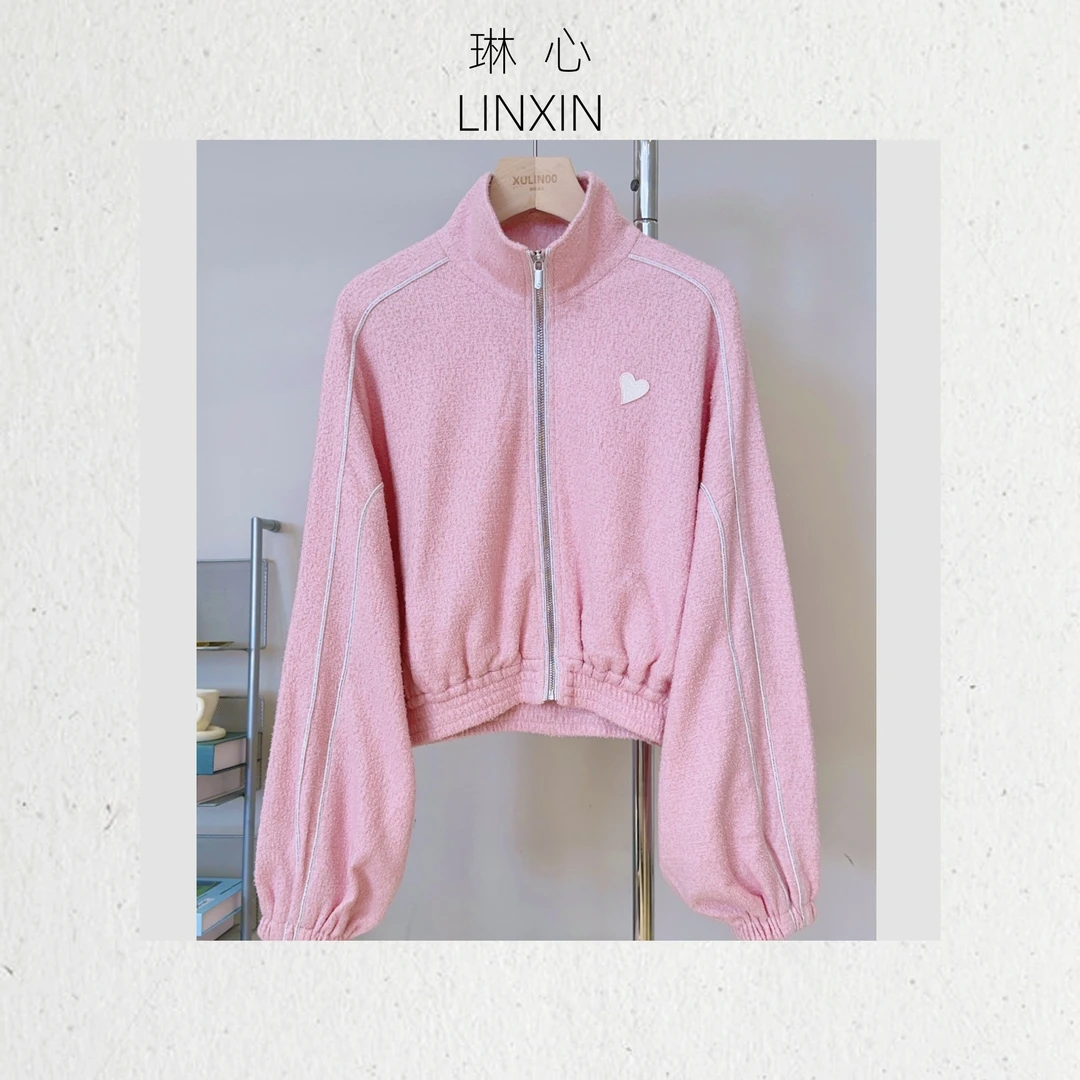 丨早秋立领休闲宽松爱心肌理感拉链开襟卫衣 7078