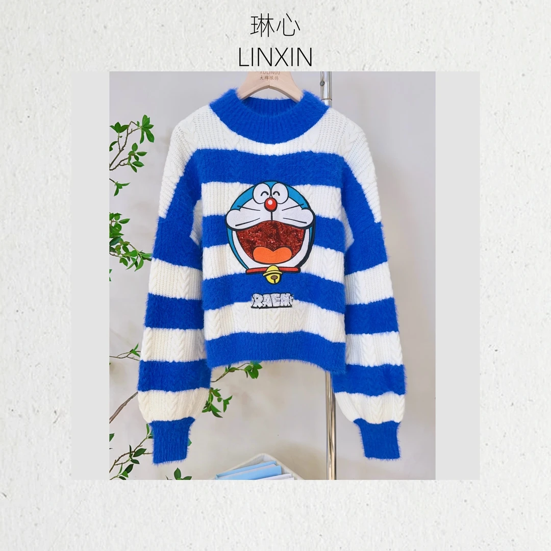 早秋气质休闲时尚女装蓝白条纹叮当猫针织衫7778