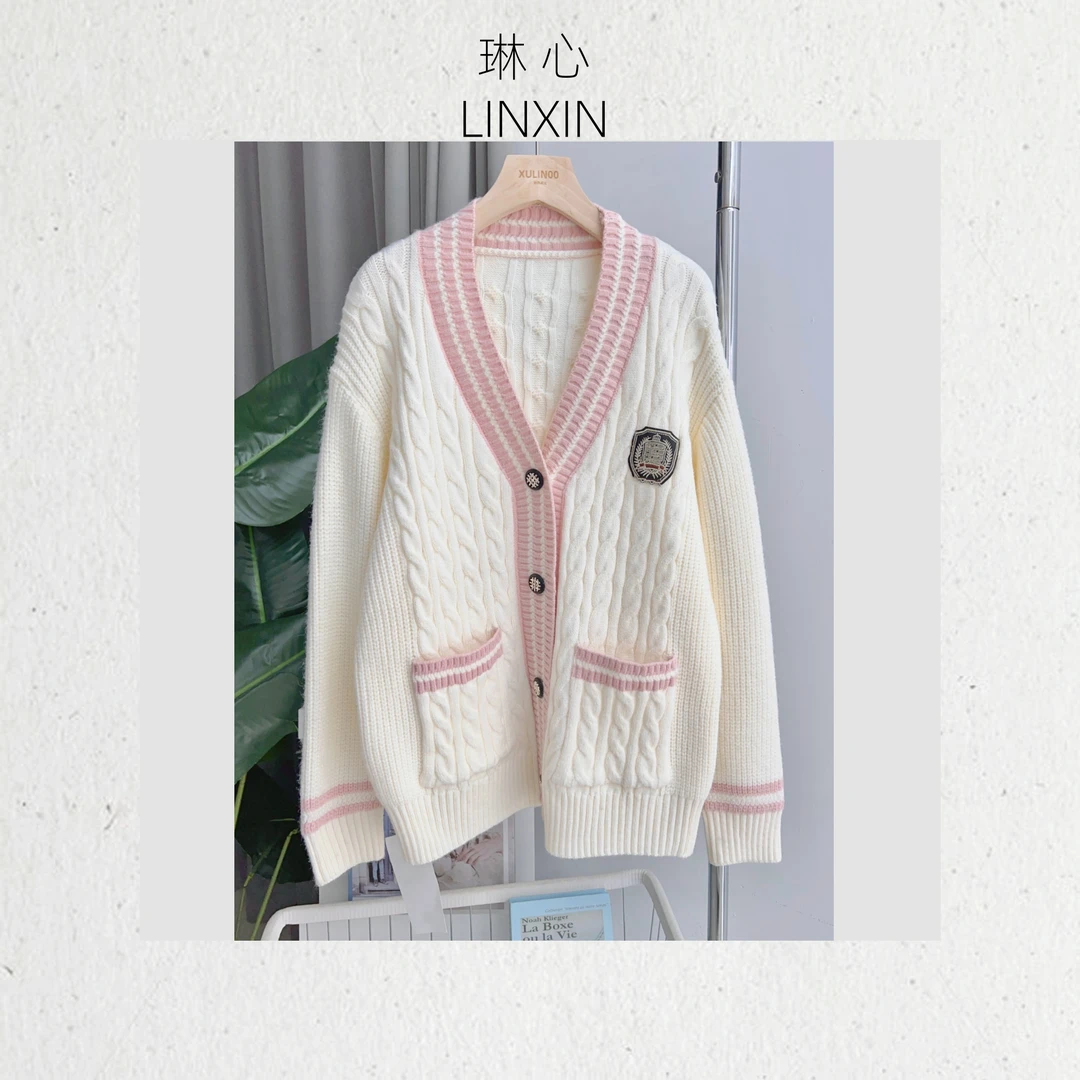 琳心秋冬气质百搭时尚学院风白色粉领针织开衫QJR2220